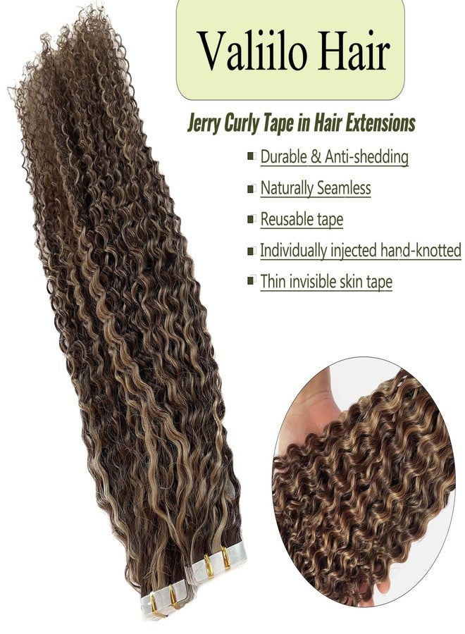 Valiilo Tape in Hair Extensions 20 Pieces 50g 22 Inch Jerry Curly Human Hair Brown to Caramel Blonde Highlights Double Sided Tape ins - Image 5
